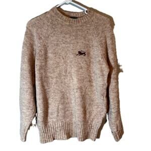 Canada Small Cream Shetland Wool Sweater Lion Embroidered Preppy Knit